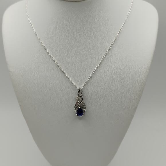 Sapphire and CZ Pendant on 24-inch Sterling Silver Chain - Picture 5 of 6